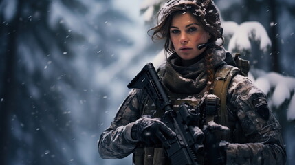 Fototapeta premium Determined female soldier with long tail walking on snowy field in winter camouflage uniform