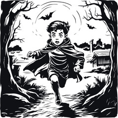 Frightened boy runs through the forest, Halloween illustration, vector illustration, SVG