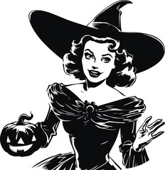 Halloween woman in a witch hat hold pumpkin, Vintage Girl head, Halloween Vector illustration, SVG