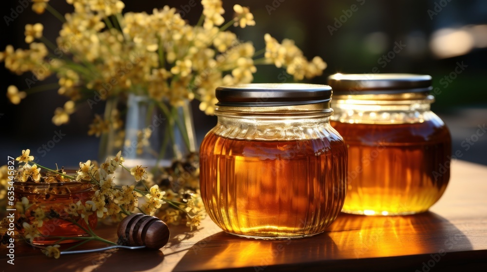 Poster Honey in jar with honey dipper on rustic wooden table background.