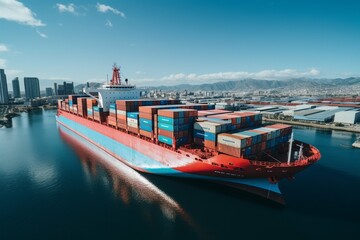 Container ship facilitates worldwide trade, quay crane loads cargo in import export Generative AI