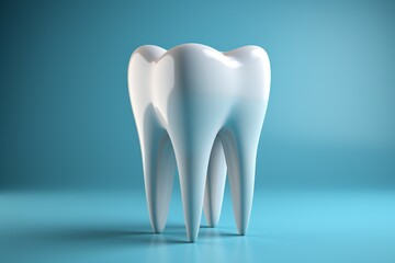 Dental care symbolized by perfect tooth model on blue, minimalistic dentistry concept Generative AI