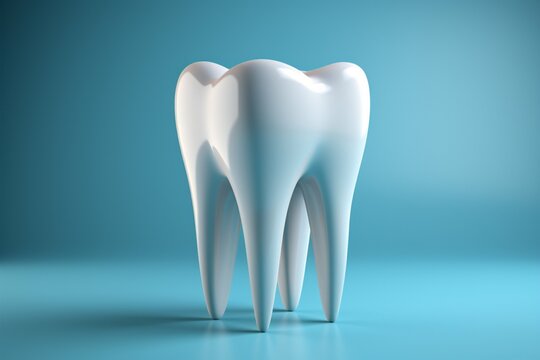 Dental care symbolized by perfect tooth model on blue, minimalistic dentistry concept Generative AI