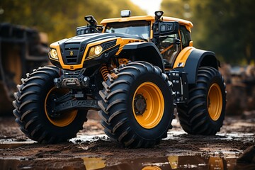 Massive tires for tractor, truck, or harvester form impactful backdrop of strength Generative AI