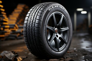Studio captured fuel efficient tires for summer, dynamic lighting, on dark background Generative AI