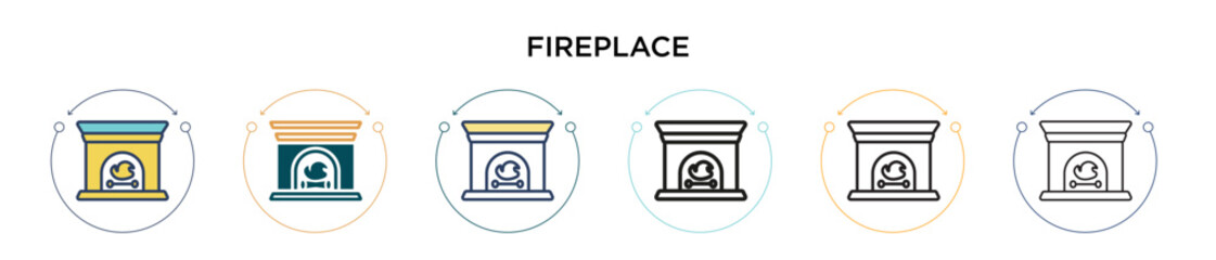 Fireplace icon in filled, thin line, outline and stroke style. Vector illustration of two colored and black fireplace vector icons designs can be used for mobile, ui, web