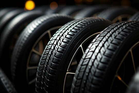 Summer car tires featured in studio, striking contrast light, shallow depth Generative AI