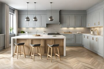 modern kitchen with table, wooden details and parquet floor, minimalist white and gray interior design,  in house
