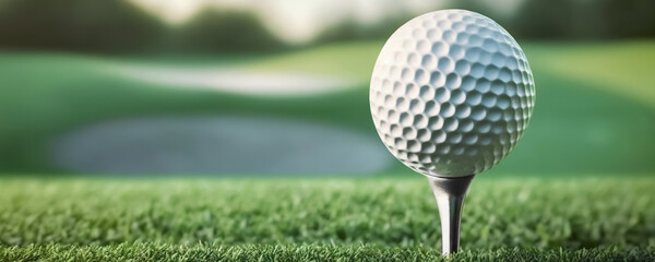 Golf ball on golf course background. Copy space