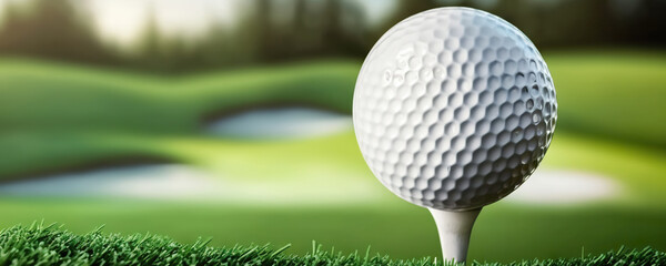 Golf ball on golf course background. Copy space