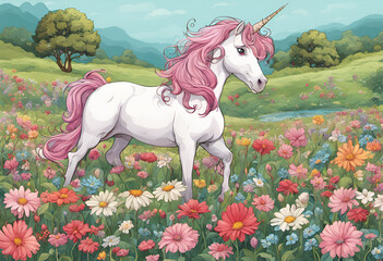 Unicorn in a field with flowers