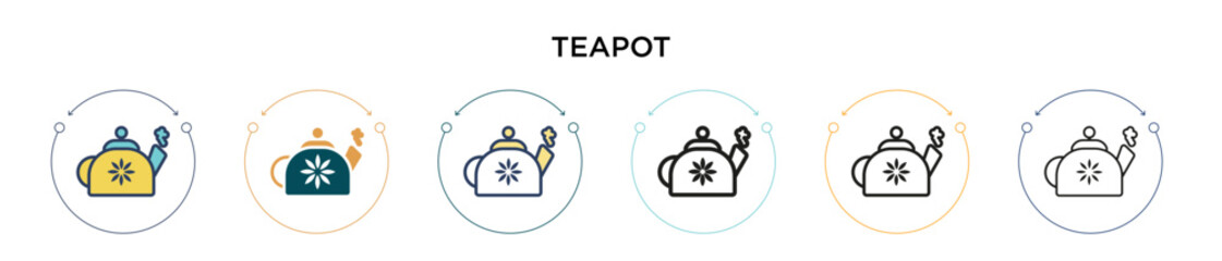Teapot icon in filled, thin line, outline and stroke style. Vector illustration of two colored and black teapot vector icons designs can be used for mobile, ui, web
