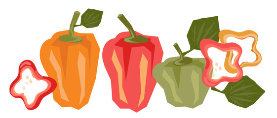 Pepper composition of ripe colorful vegetables, hand drawn flat vector illustration isolated on white background. Bell pepper in slices and whole for food packs and prints.