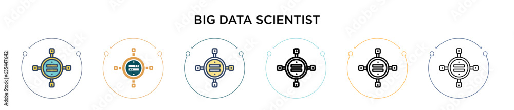 Poster big data scientist icon in filled, thin line, outline and stroke style. vector illustration of two c