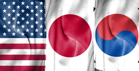 Double exposure concept image of American flag combined with Japanese and South Korean flags and cloth texture. Describe the summits of the leaders of the United States, Japan, and South Korea.