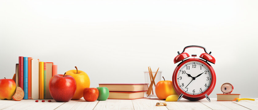 Orange alarm clock with red apple and school equipment