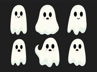 Set cute ghosts with funny faces. Vector illustration, traditional Halloween decorative elements. Halloween ghost character - for festive design or decor. Kawaii ghost.