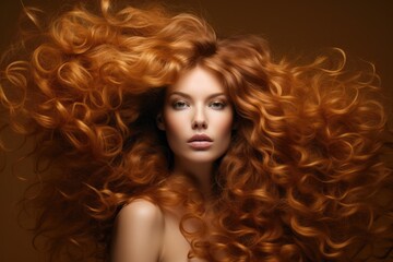 Fototapeta premium Close-up banner of young beautiful caucasian girl with healthy red curly hairstyle, isolated on brown background. Great texture and natural color bright of hair 