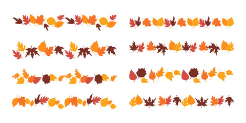 Fall border lines from autumn botanical leaves. Set of autumn leaves pattern line, herbal elements. Fall orange leaves. Can be used as decorations for Back to School, Halloween or Thanksgiving.