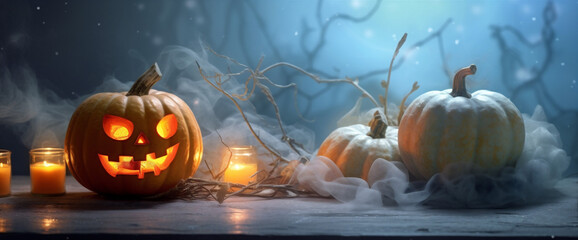 mystery background evil pumpkin night halloween horror fear blue table gothic. Generative AI.