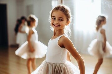Cute little ballerina in white tutu posing in the dance hall