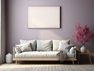 Mockup of the interior of the living room with a sofa in pastel colors, a framed poster on the front wall. Generative AI