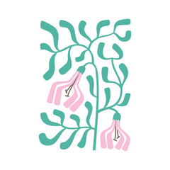 Simple trendy vector illustration with soft pink flowers, thin leaves for card, poster, wall art design