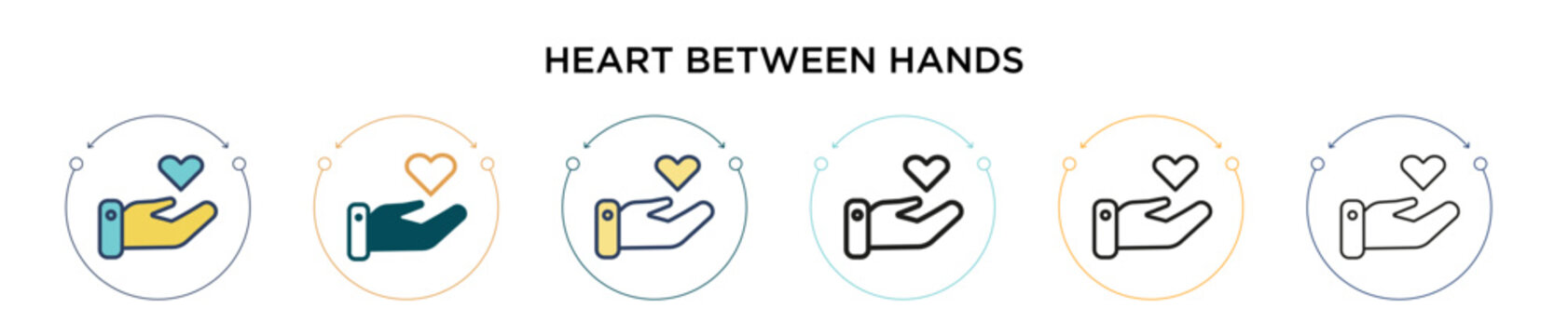 Heart between hands icon in filled, thin line, outline and stroke style. Vector illustration of two colored and black heart between hands vector icons designs can be used for mobile, ui, web