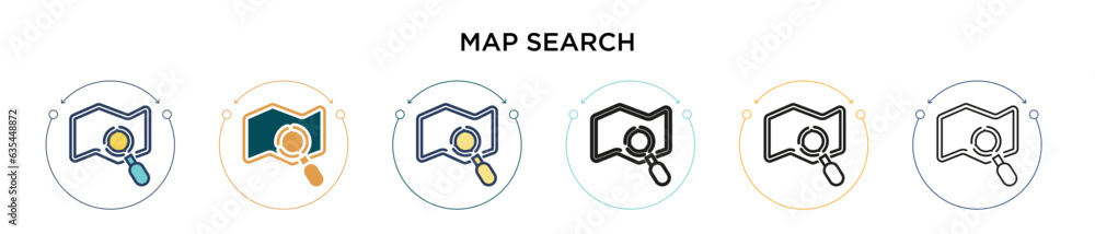 Poster map search icon in filled, thin line, outline and stroke style. vector illustration of two colored a