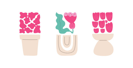 Abstract flowers composition in vases. Bright pink tulips, bell, hydrangea for card, poster, wall art