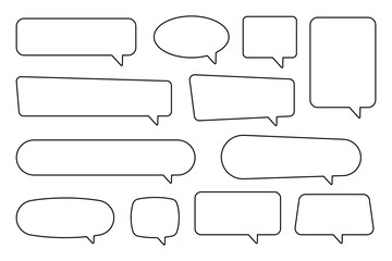 Speech bubbles set of outlined distorted rectangle and square. Trendy line shapes, blank speech balloon, chat bubble on white background, vector design elements.