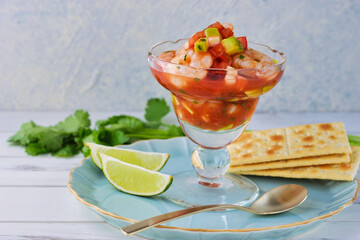 メキシコ料理のセビーチェ・アカプルケーニョ　クラッカーをそえて　コピースペースあり 
Mexican food Ceviche acapulqueño（Cebiche acapulqueño, Ceviche estilo Acapulco) served with salty crackers, copy space available