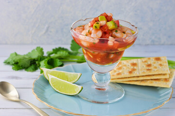 メキシコ料理のセビーチェ・アカプルケーニョ　クラッカーをそえて　コピースペースあり 
Mexican food Ceviche acapulqueño（Cebiche acapulqueño, Ceviche estilo Acapulco) served with salty crackers, copy space available