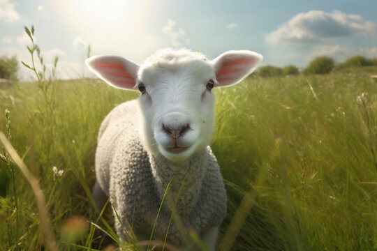 meadow sun lamb field grass sheep green wool farm animal. Generative AI.