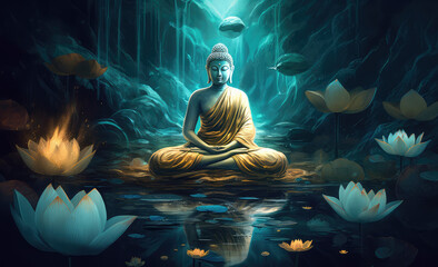 Golden glowing buddha statue in meditation, generative AI - obrazy, fototapety, plakaty