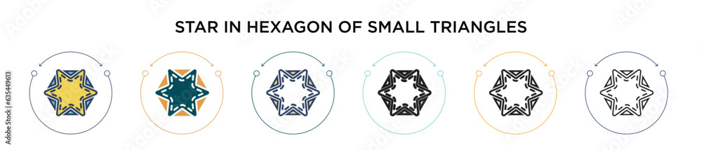 Poster star in hexagon of small triangles icon in filled, thin line, outline and stroke style. vector illus
