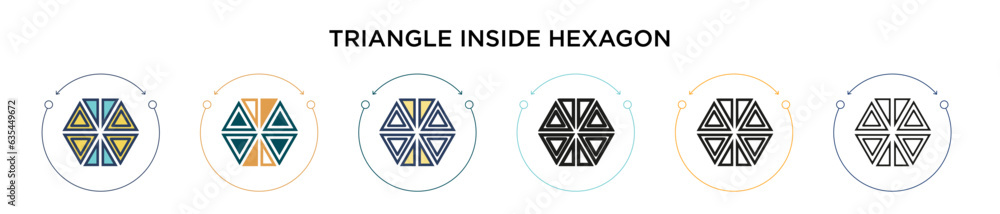 Poster triangle inside hexagon icon in filled, thin line, outline and stroke style. vector illustration of 