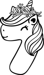 cute unicorn birthday number 7, seven with flower crown outline doodle cartoon illustration