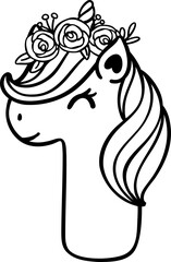 cute unicorn birthday number 1, one with flower crown outline doodle cartoon illustration