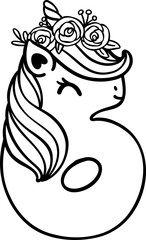 cute unicorn birthday number 6, six with flower crown outline doodle cartoon illustration