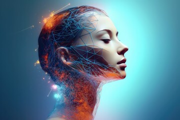 Girls head transformed into AI abstract illustration - Generative AI.