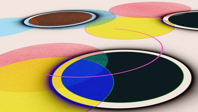 risograph aethetic retro seamless 3d animation with 2d layers. Circles with colorful fill spinning and rotation around