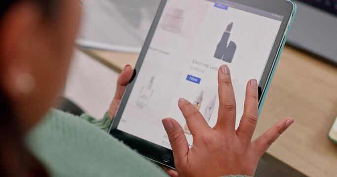 Tablet, screen and online shopping, hand and scroll store website with beauty product choice and discount. UI, e commerce and person decision, technology and supply chain, cosmetics menu and customer