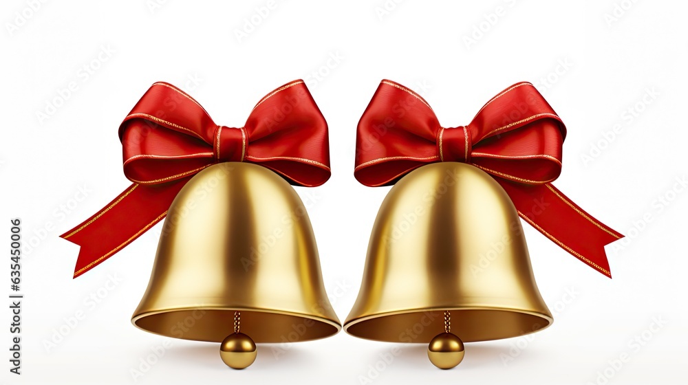 Poster gold bells with red ribbon bow isolated on white background. created with generative ai technology
