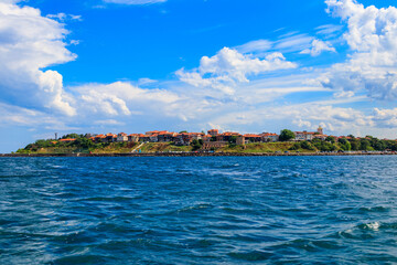 View of the old town of Nessebar and the Black sea, Bulgaria. View from a sea