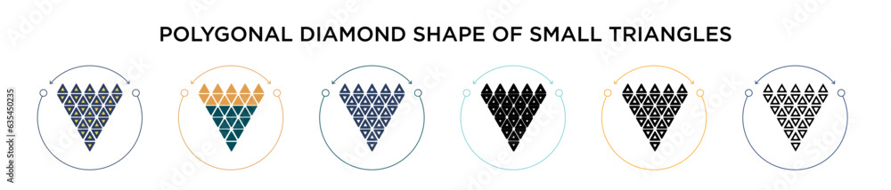 Poster polygonal diamond shape of small triangles icon in filled, thin line, outline and stroke style. vect