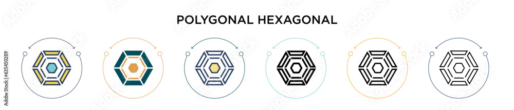 Poster polygonal hexagonal icon in filled, thin line, outline and stroke style. vector illustration of two 