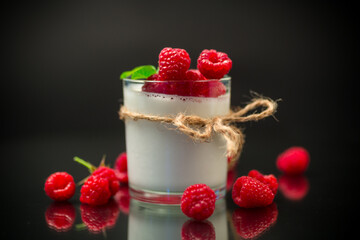 Cooked homemade yogurt with ripe red raspberries in a glass.