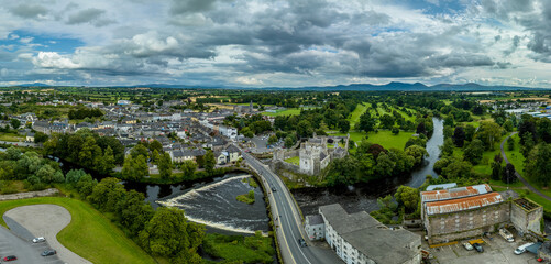 Aerial view of Cahir castle and town in Ireland with Tower House, outer castle, circular,...