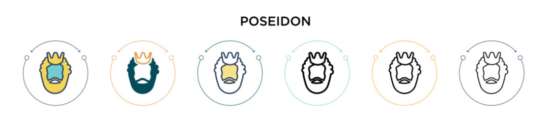 Poseidon icon in filled, thin line, outline and stroke style. Vector illustration of two colored and black poseidon vector icons designs can be used for mobile, ui, web - obrazy, fototapety, plakaty